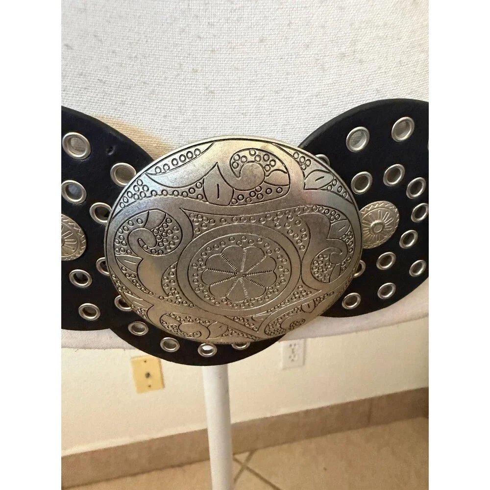 Boho Y2K Leather Disc Concho Belt Black Brass Grommet Statement Belt Western 36'
